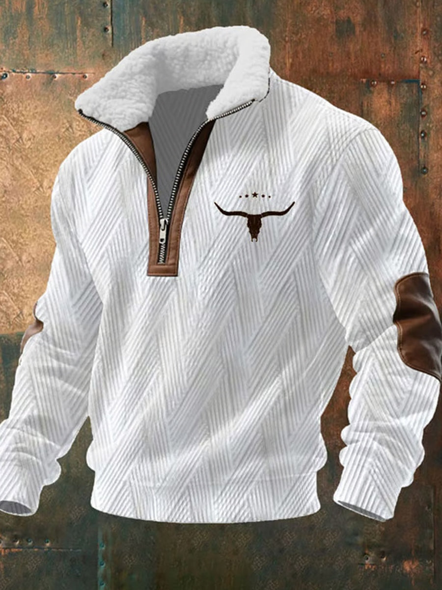 Herren Retro Western Art Print Casual Reiß verschluss Pelz Kragen Sweatshirt