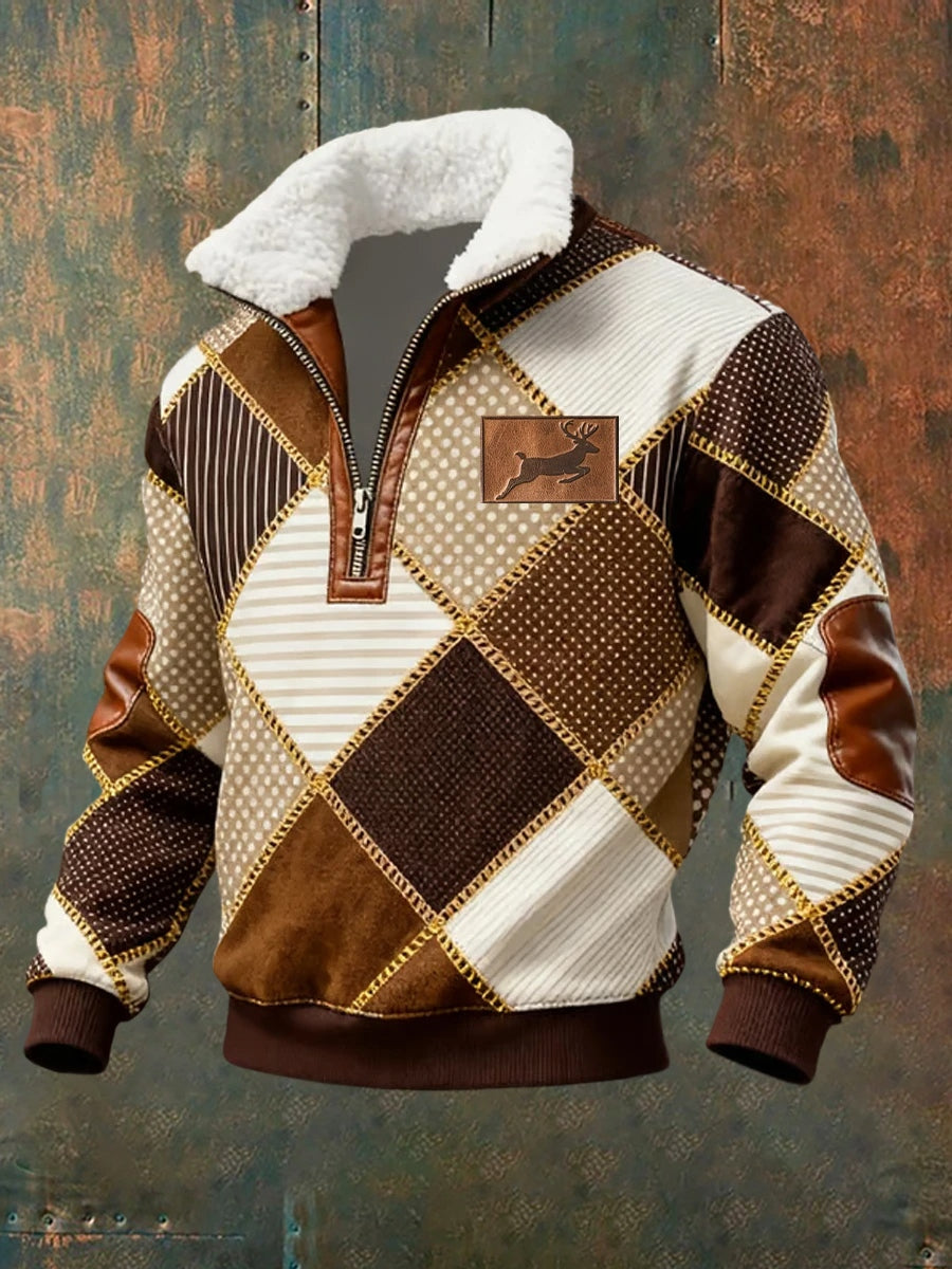 Herren Retro Western Art Print Casual Reiß verschluss Pelz Kragen Sweatshirt