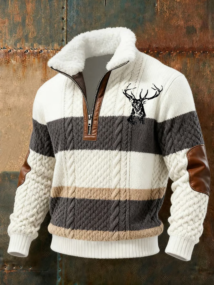 Herren Retro Western Art Print Casual Reiß verschluss Pelz Kragen Sweatshirt