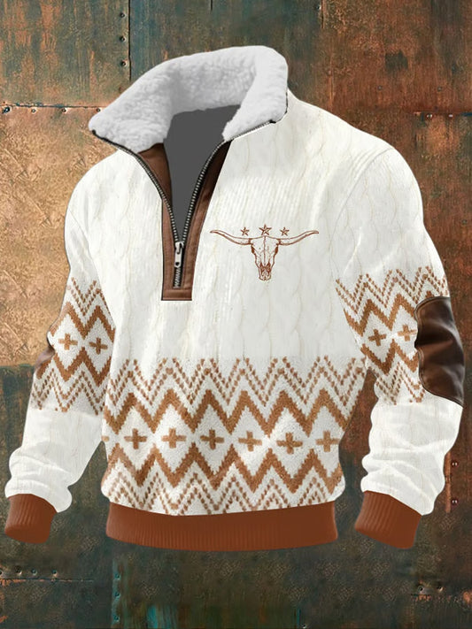 Herren Retro Western Art Print Casual Reiß verschluss Pelz Kragen Sweatshirt