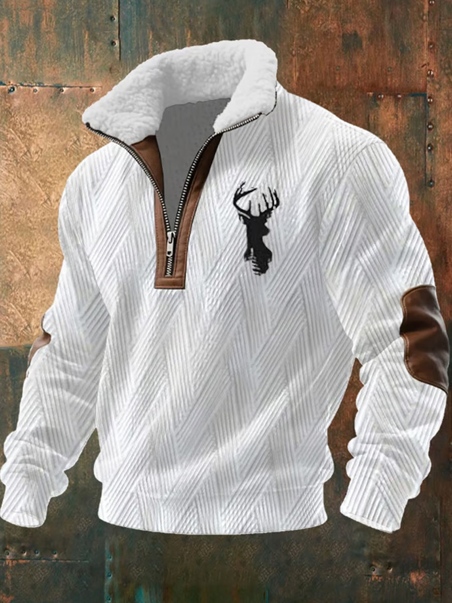 Herren Retro Western Art Print Casual Reiß verschluss Pelz Kragen Sweatshirt