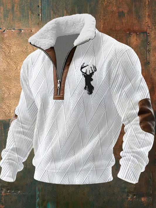 Herren Retro Western Art Print Casual Reiß verschluss Pelz Kragen Sweatshirt