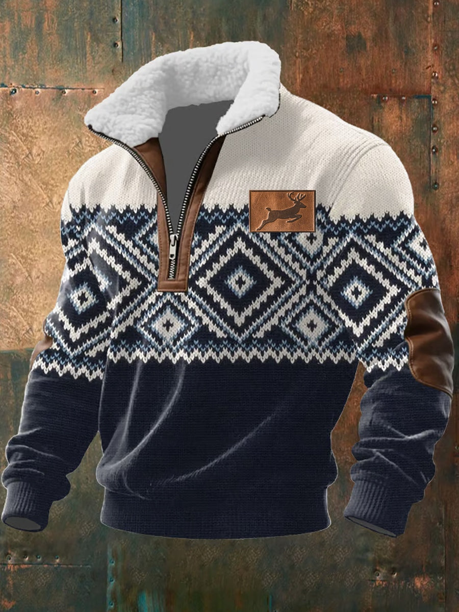 Herren Retro Western Art Print Casual Reiß verschluss Pelz Kragen Sweatshirt