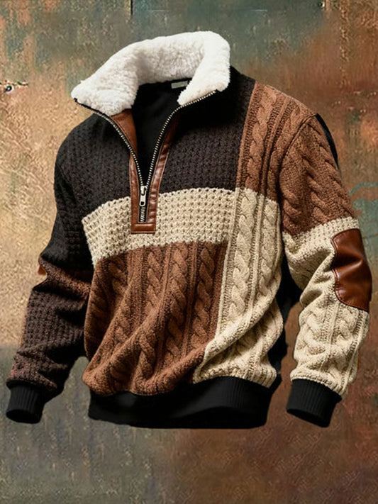 Herren Retro-Farb block druck Lässiges Pelz kragen Langarm Sweatshirt