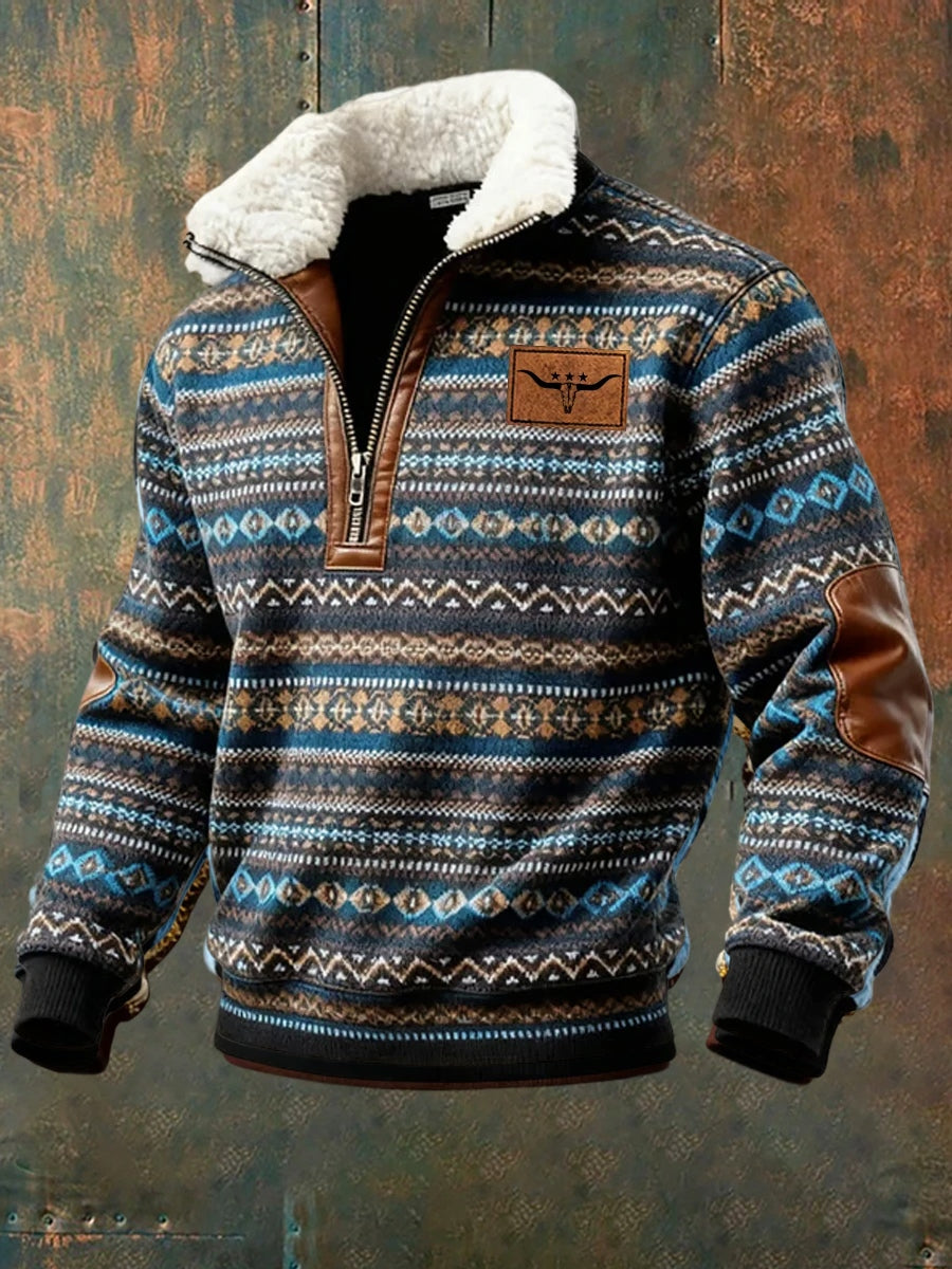 Herren Retro Western Art Print Casual Reiß verschluss Pelz Kragen Sweatshirt