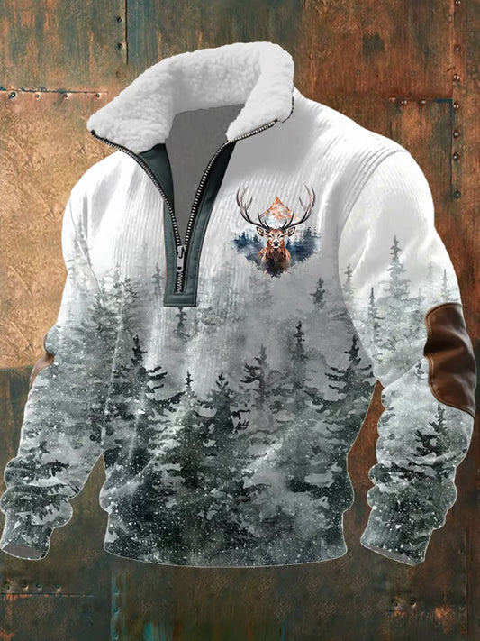 Herren Retro Western Art Print Casual Reiß verschluss Pelz Kragen Sweatshirt