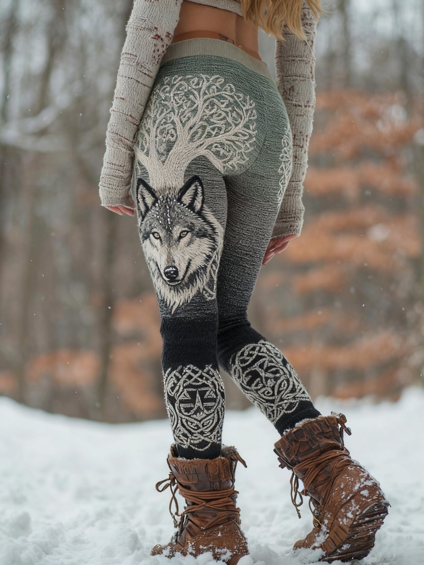 Frauen Wikinger Wolf Baum des Lebens Muster Gemütliche Leggings