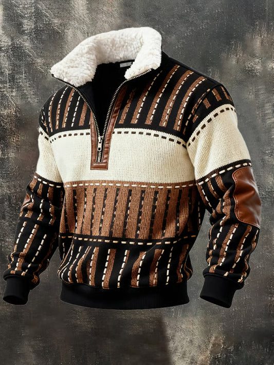 Herren Retro-Farb block druck Lässiger Pelz kragen Kapuzen pullover mit Reiß verschluss