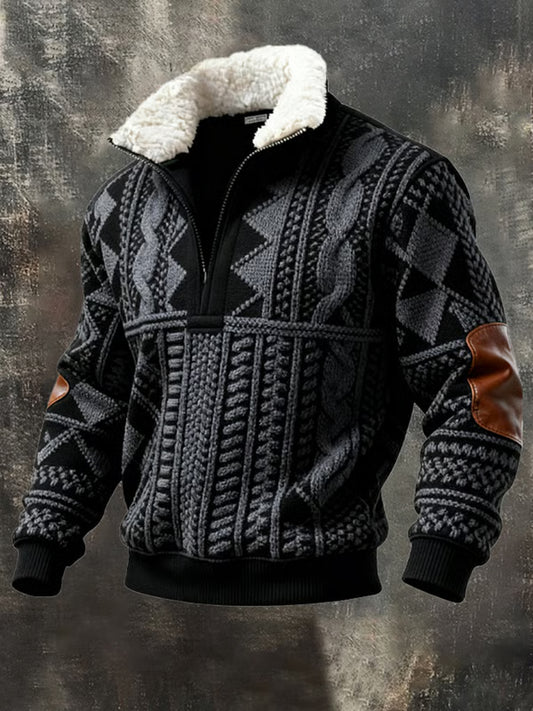 Herren Retro-Farb block druck Lässiger Pelz kragen Kapuzen pullover mit Reiß verschluss