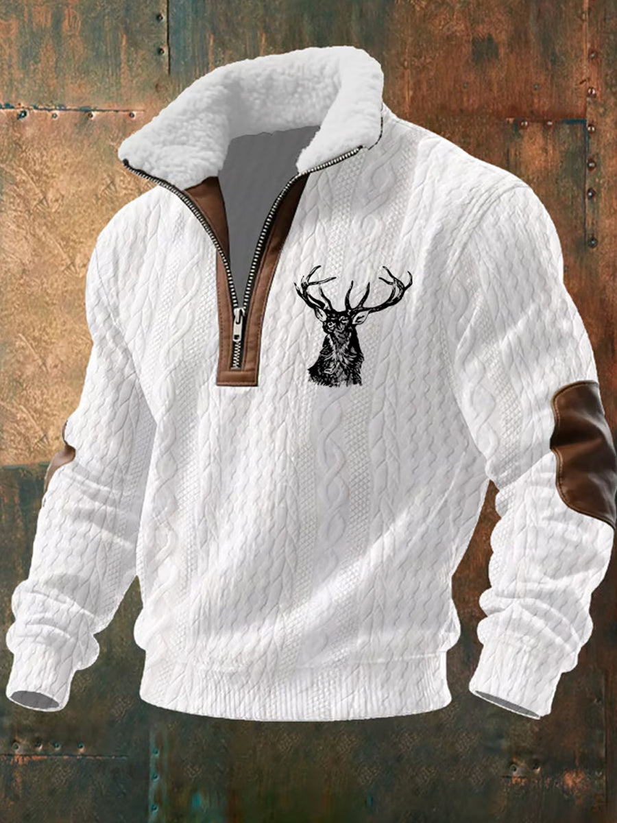 Herren Retro Western Art Print Casual Reiß verschluss Pelz Kragen Sweatshirt