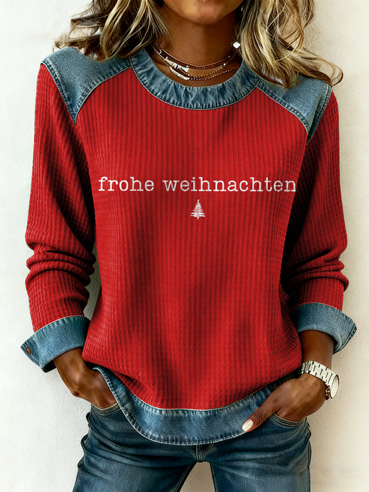 Damen Frohe Weihnachts Denim Patchwork Top