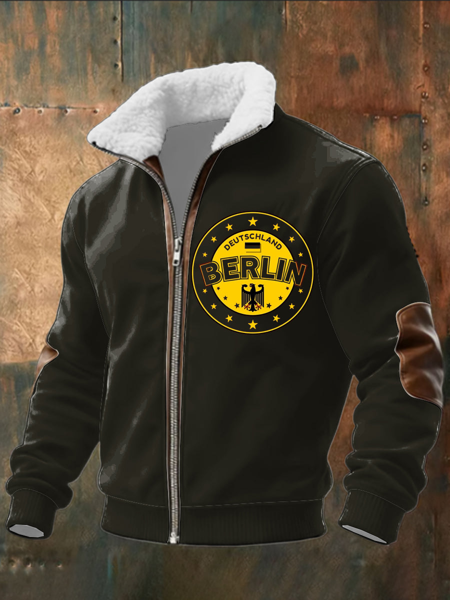 Sherpa-Gelinierte Jacke mit Reiß verschluss für Herren schwarzes Berlin Emblem & Eagle Print