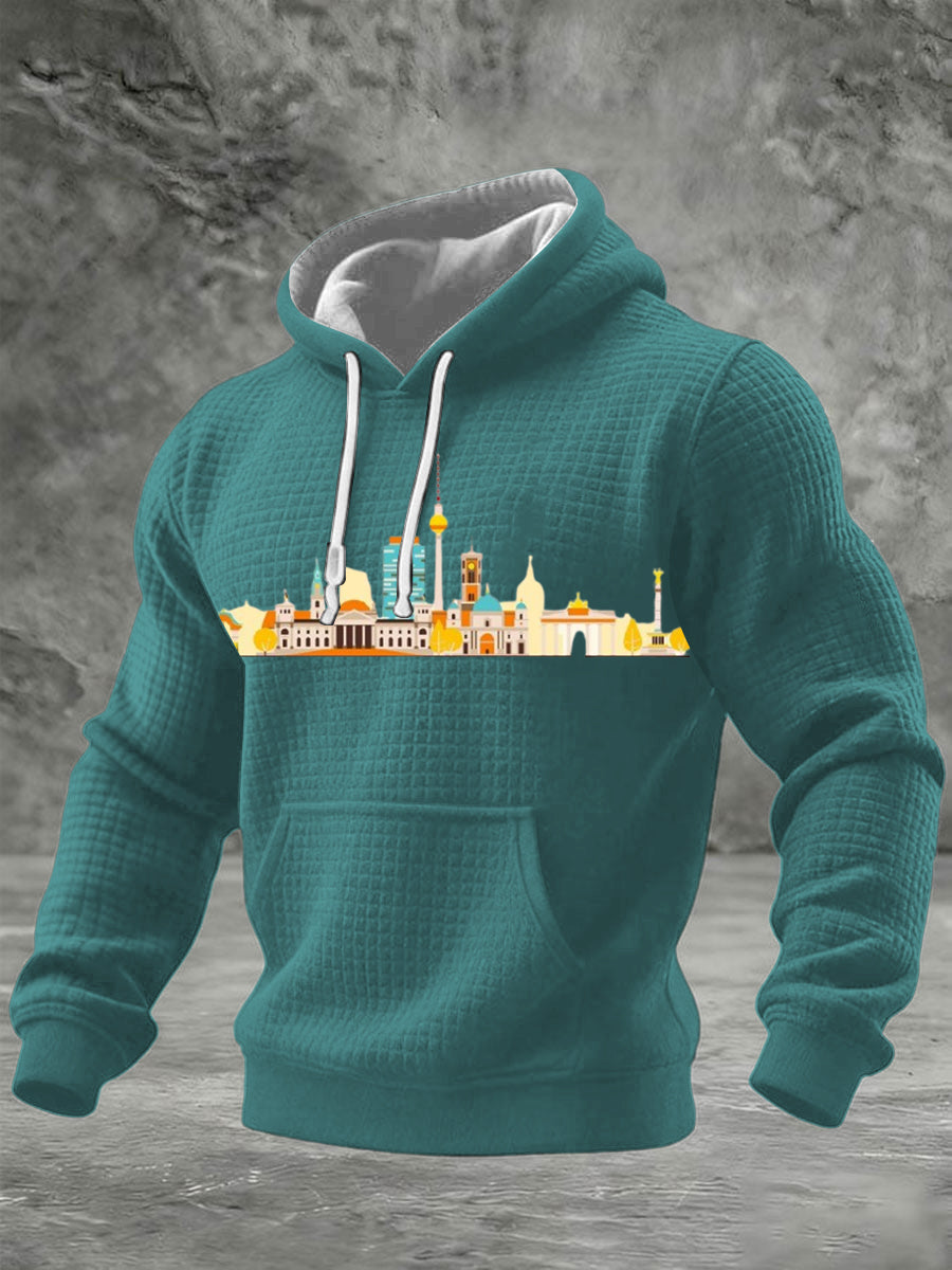 Herren Teal Grid Baumwolle Berlin Skyline Print Hoodie