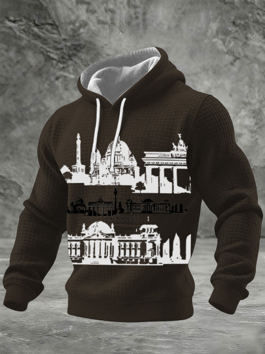 Herren braunes Grid Baumwolle Berlin Landmark Print Hoodie