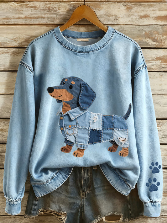 Damen Denim Patchwork Kunst Dackel Hunde muster Sweatshirt