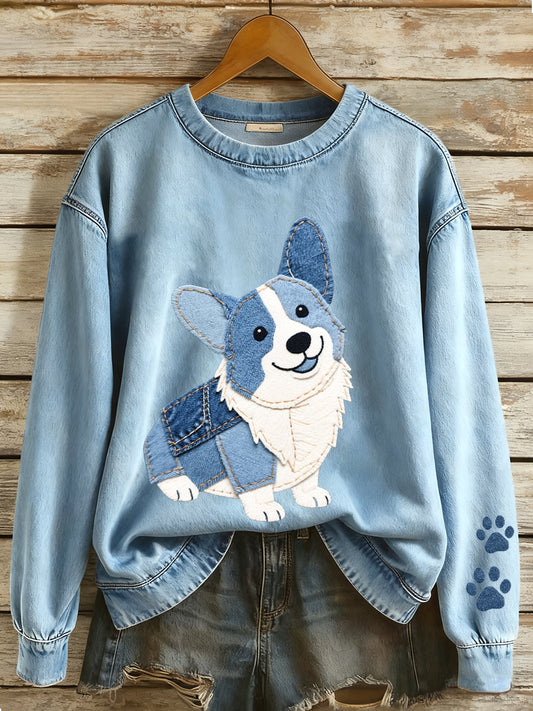 Damen Denim Patchwork Kunst Corgi Muster Sweatshirt