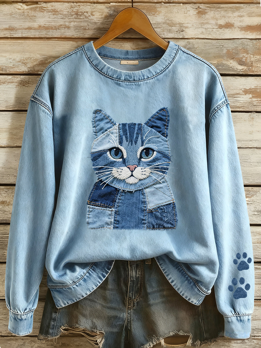 Damen-Jeans-Patchwork-Kunst-Katzen-Muster-Sweatshirt