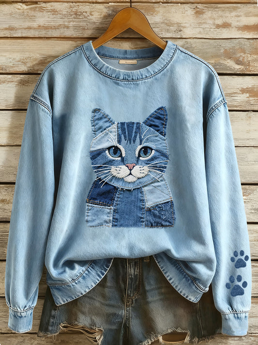 Damen-Jeans-Patchwork-Kunst-Katzen-Muster-Sweatshirt