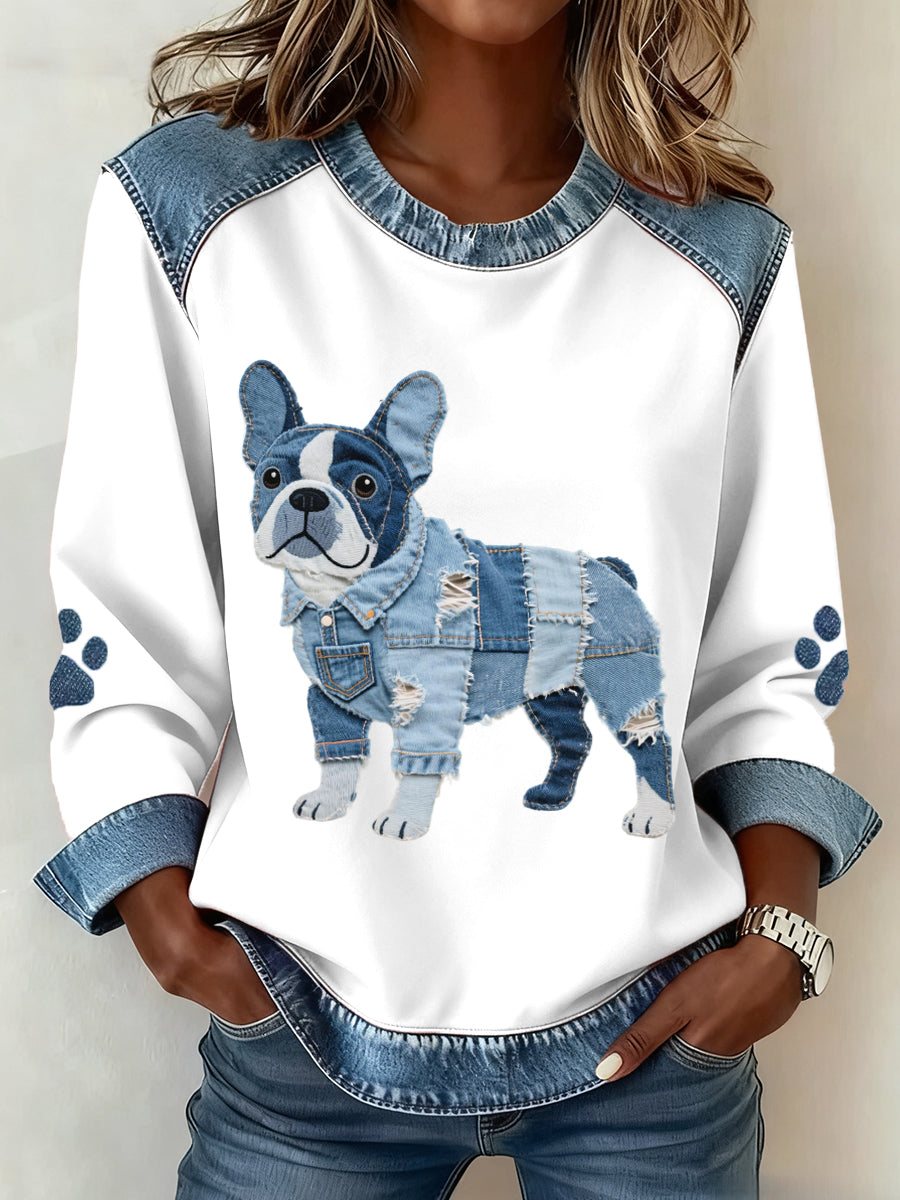 Damen französische Bulldogge Muster Denim Patchwork Kunst Sweatshirt