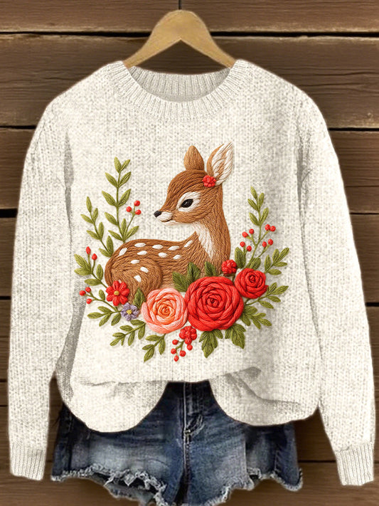 Damen Blumen-und Hirsch stickerei muster Gemütlicher Strick pullover