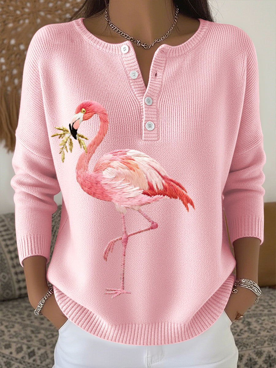 Damen Flamingo Stickerei Muster Gemütliche Strick pullover