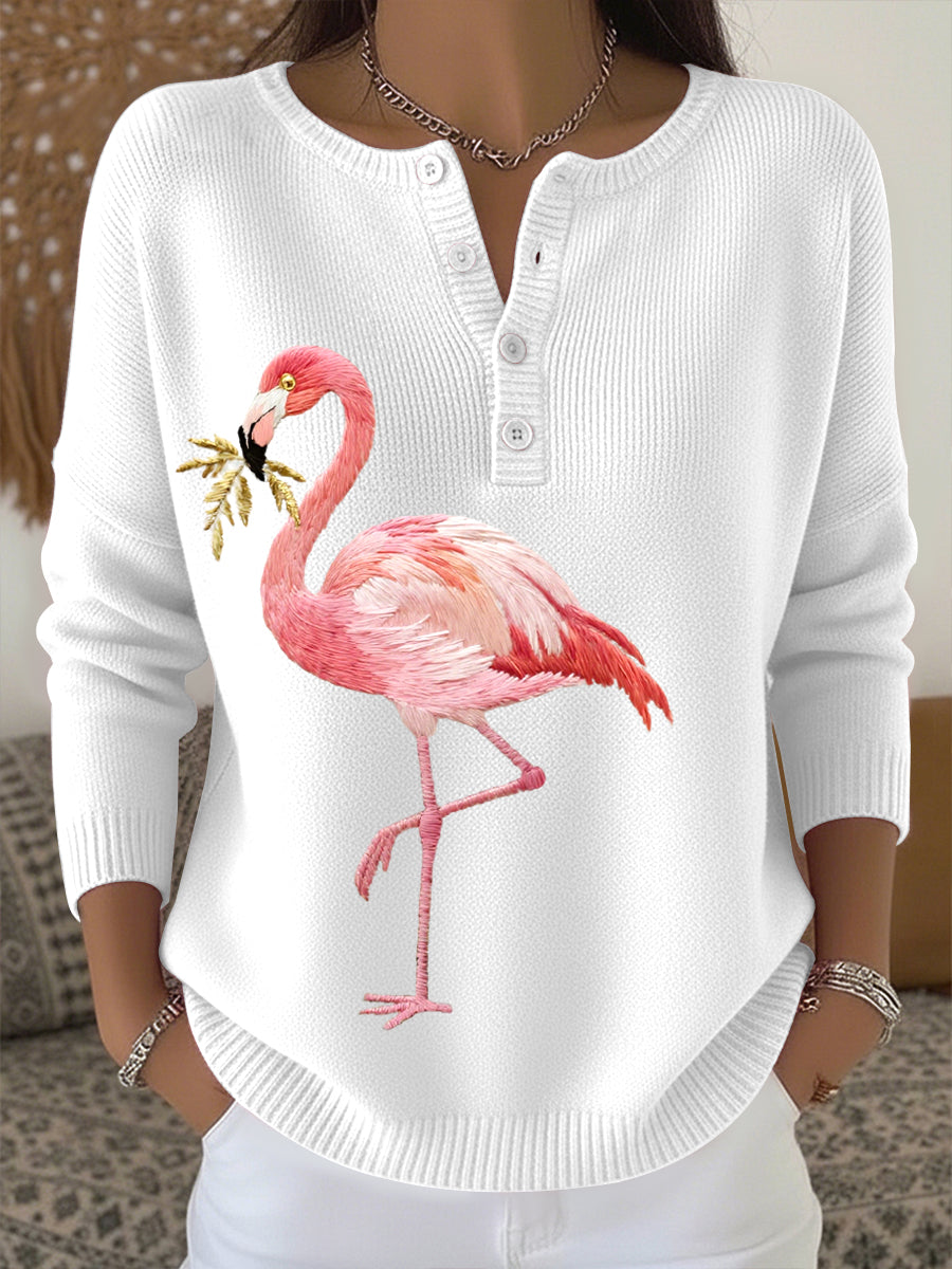 Damen Flamingo Stickerei Muster Gemütliche Strick pullover