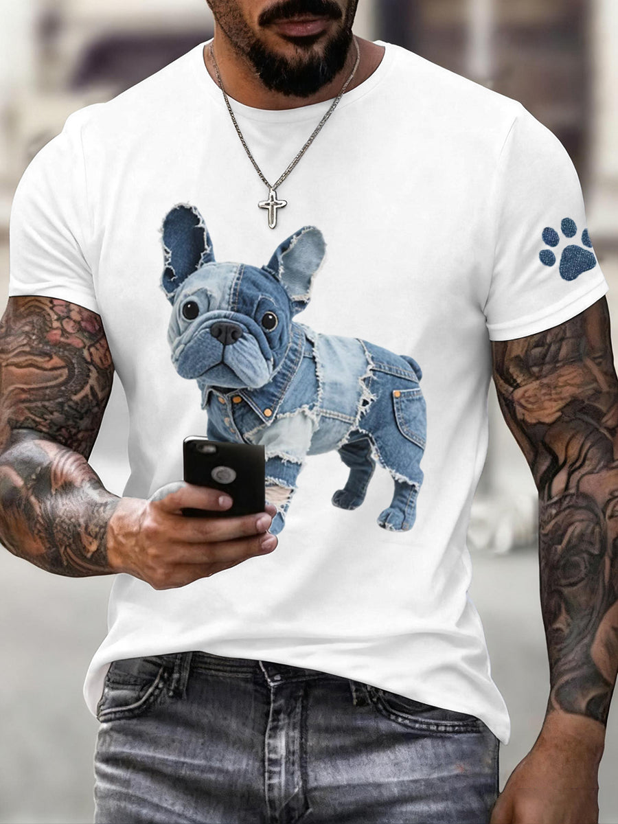 Herren Denim Patchwork Kunst Französische Bulldogge Muster T-Shirt