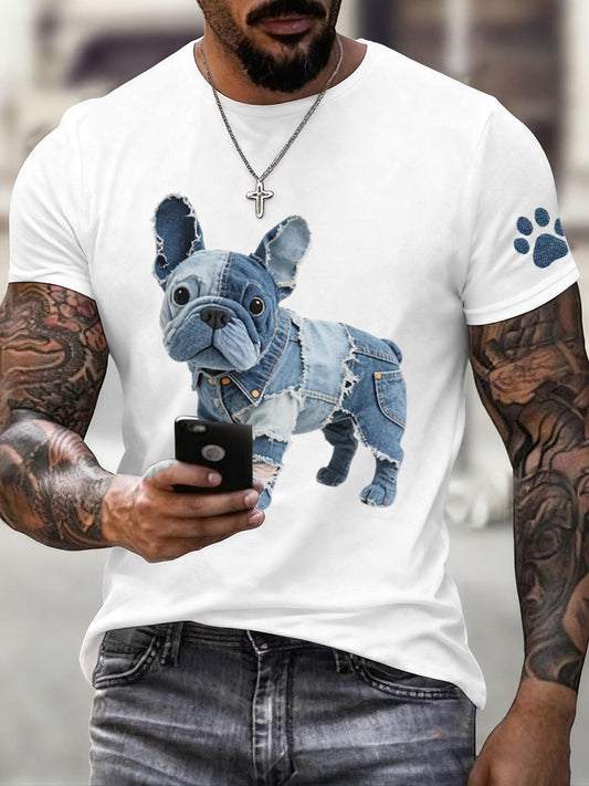 Herren Denim Patchwork Kunst Französische Bulldogge Muster T-Shirt