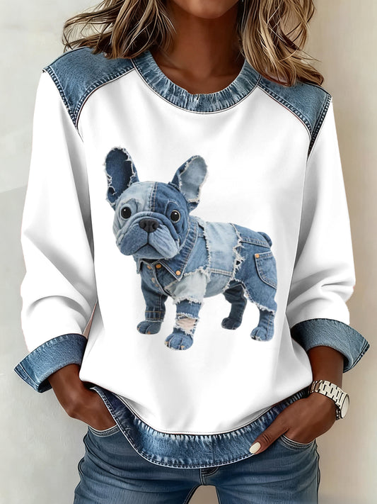 Damen Denim Patchwork Kunst Französische Bulldogge Muster Sweatshirt