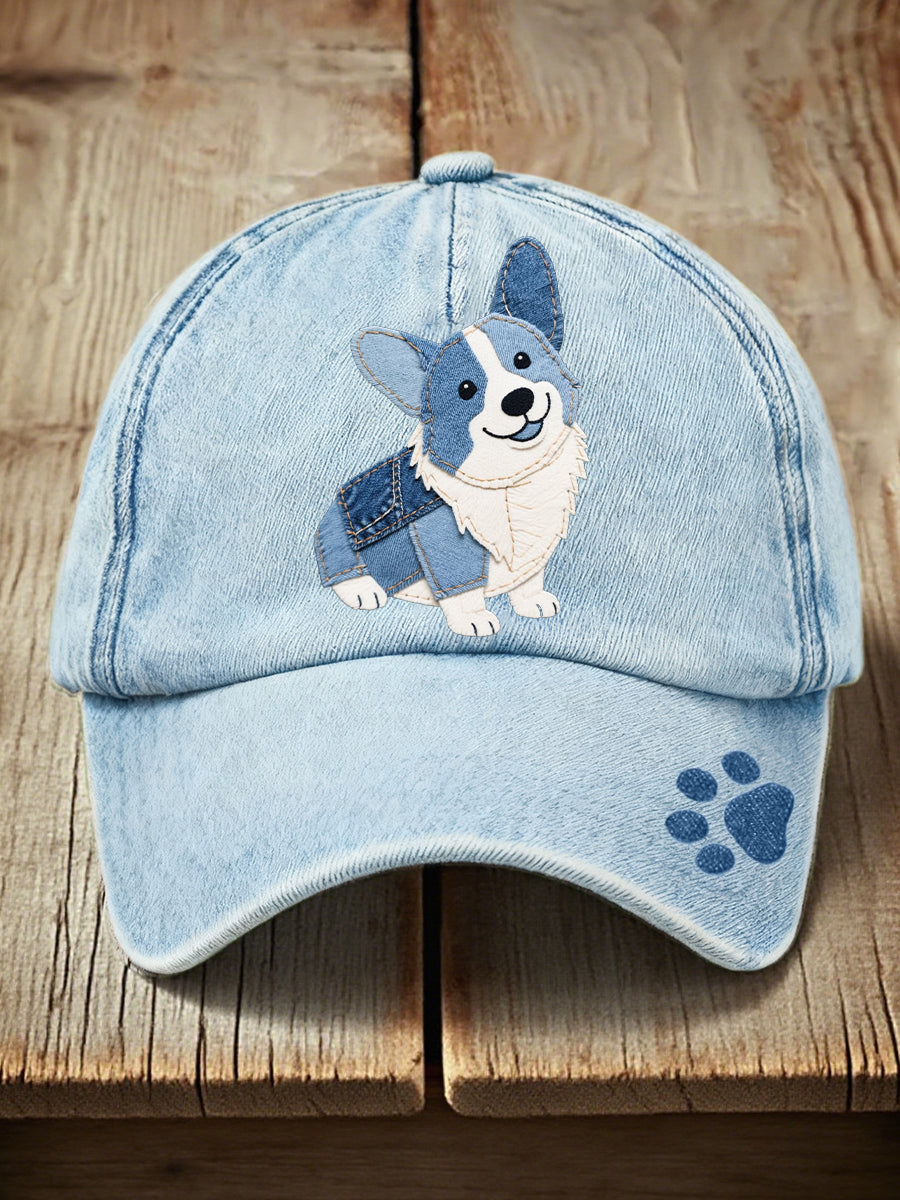Unisex Denim Patchwork Kunst Corgi Hunde muster gewaschener Hut