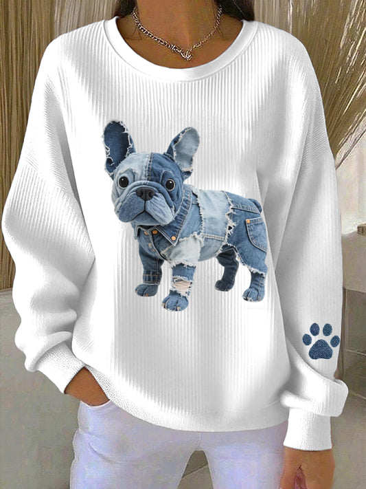 Damen Denim Patchwork Kunst Französische Bulldogge Muster Sweatshirt