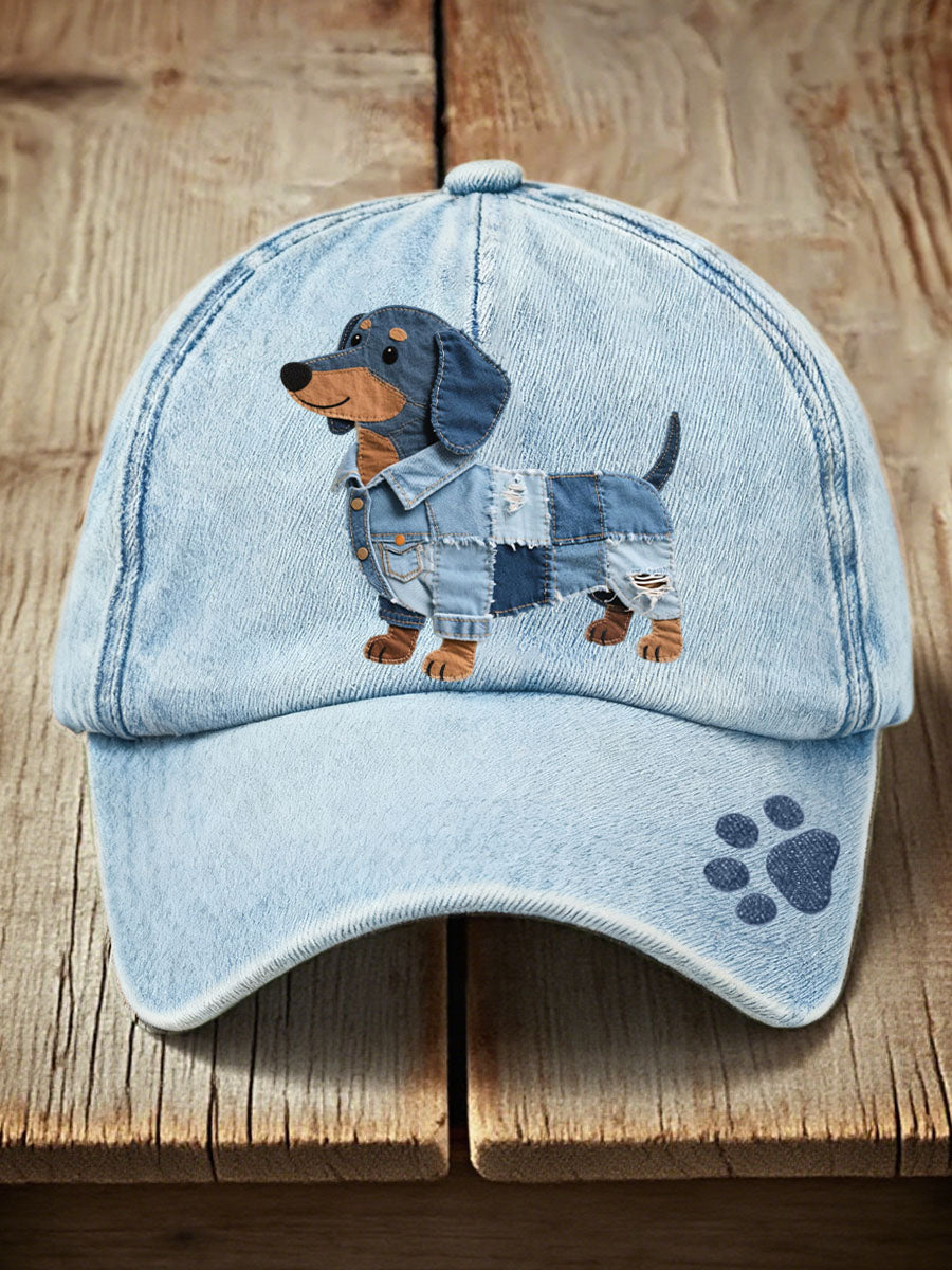 Unisex Denim Patchwork Dackel Muster Hut