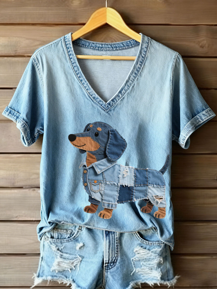 Damen Denim Patchwork Kunst Dackel Muster V-Ausschnitt T-Shirt