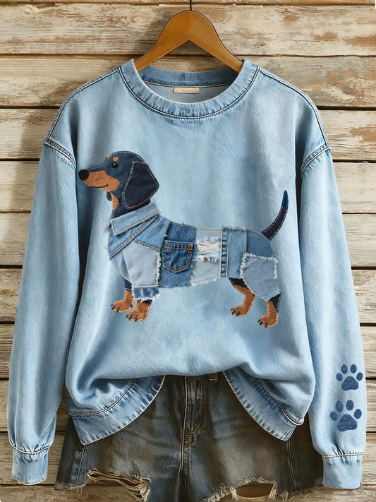 Damen Denim Patchwork Kunst Dackel Muster Sweatshirt