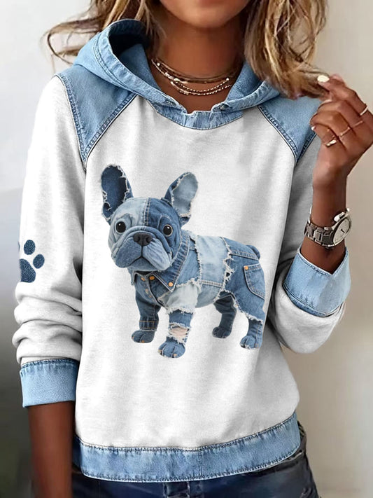 Damen französische Bulldogge Muster Denim Patchwork Kunst Hoodie