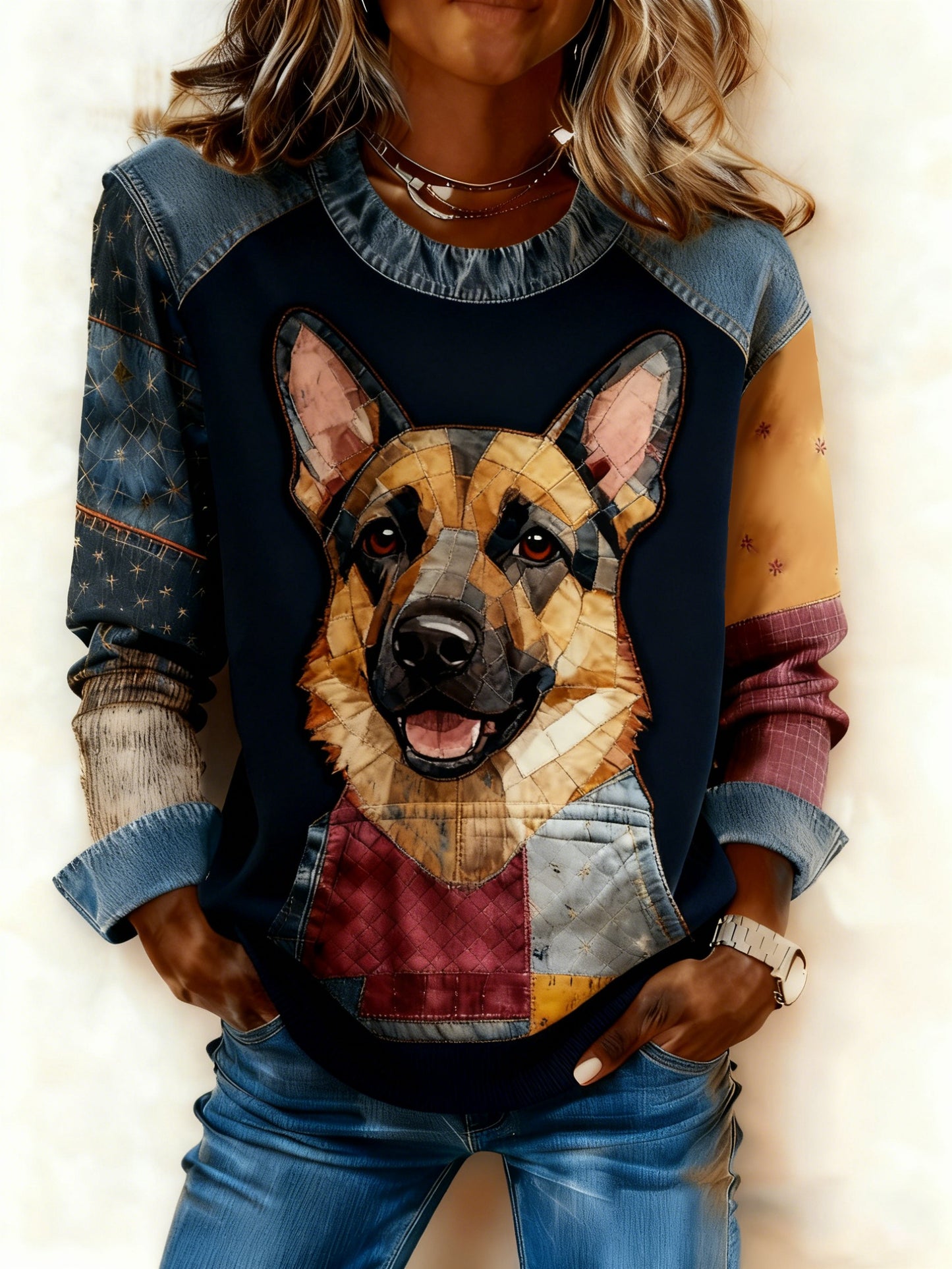 Damen-Kunst-Hunde-Denim-Patchwork-Sweatshirt
