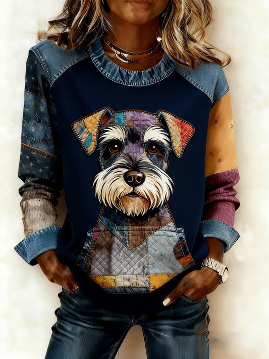 Damen-Kunst-Hunde-Denim-Patchwork-Sweatshirt