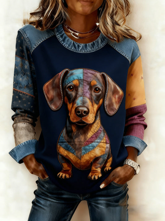 Damen-Kunst-Hunde-Denim-Patchwork-Sweatshirt