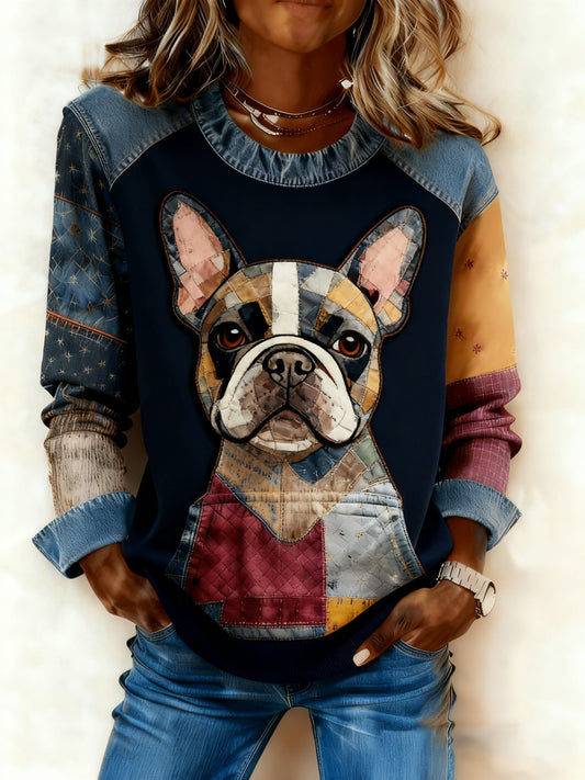Damen-Kunst-Hunde-Denim-Patchwork-Sweatshirt