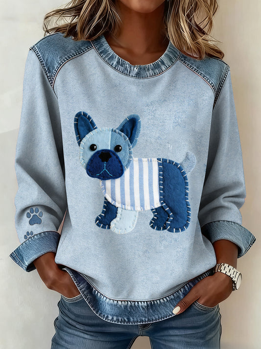 Damen Hund Denim Crewneck Sweatshirt