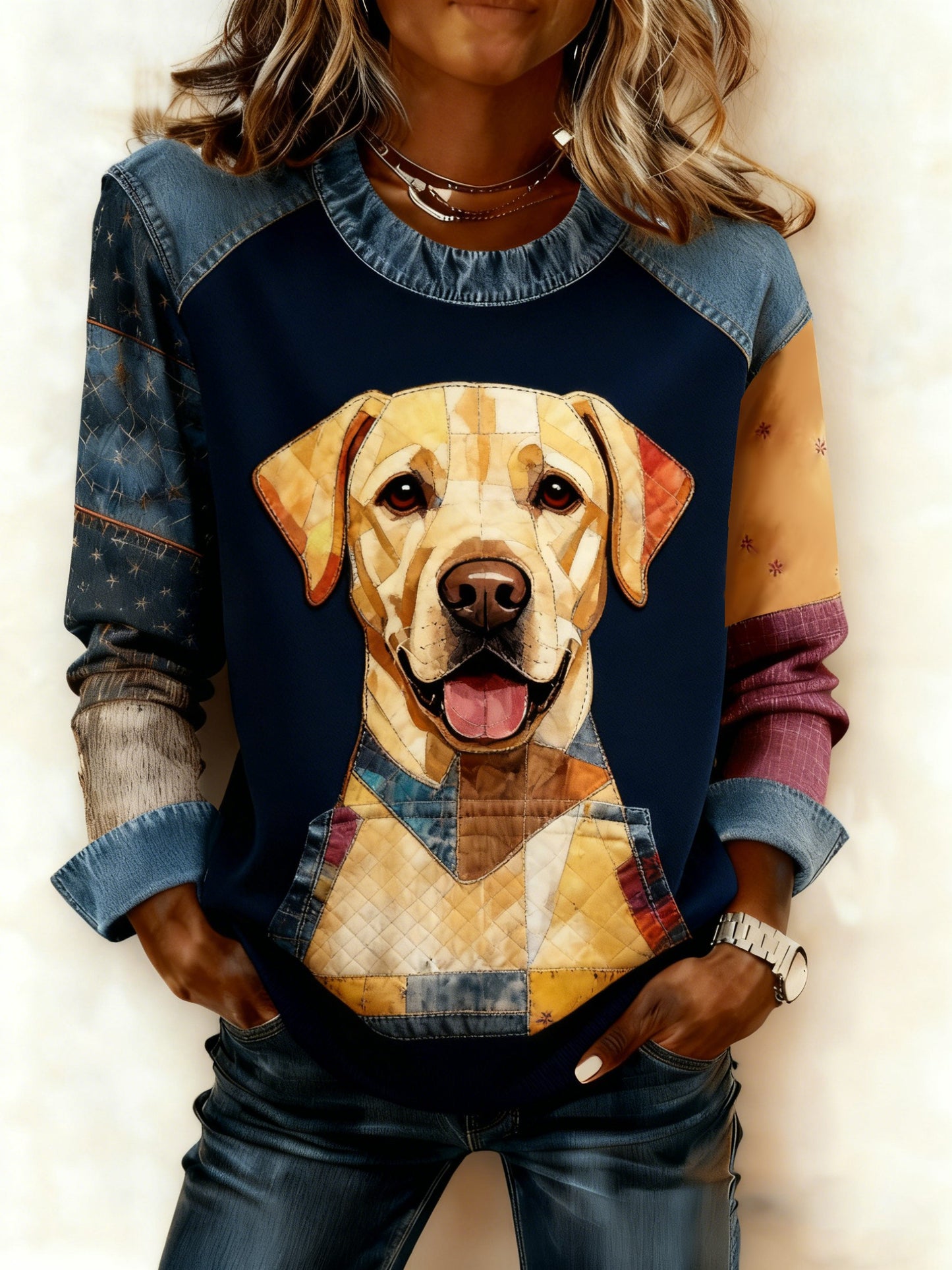 Damen-Kunst-Hunde-Denim-Patchwork-Sweatshirt