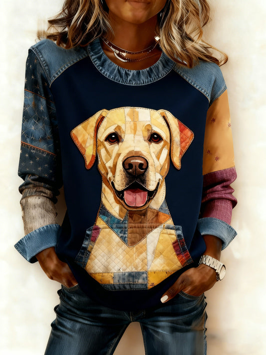 Damen-Kunst-Hunde-Denim-Patchwork-Sweatshirt