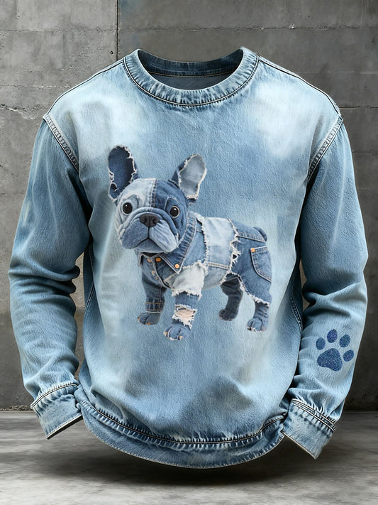 Herren Denim Patchwork Kunst Französische Bulldogge Muster Sweatshirt