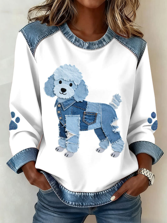 Damen-Pudel-Hunde muster Denim-Patchwork-Sweatshirt