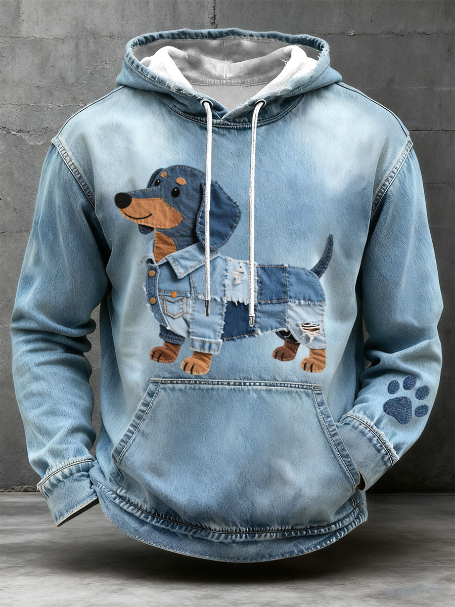 Herren Denim Patchwork Kunst Dackel Muster Hoodie