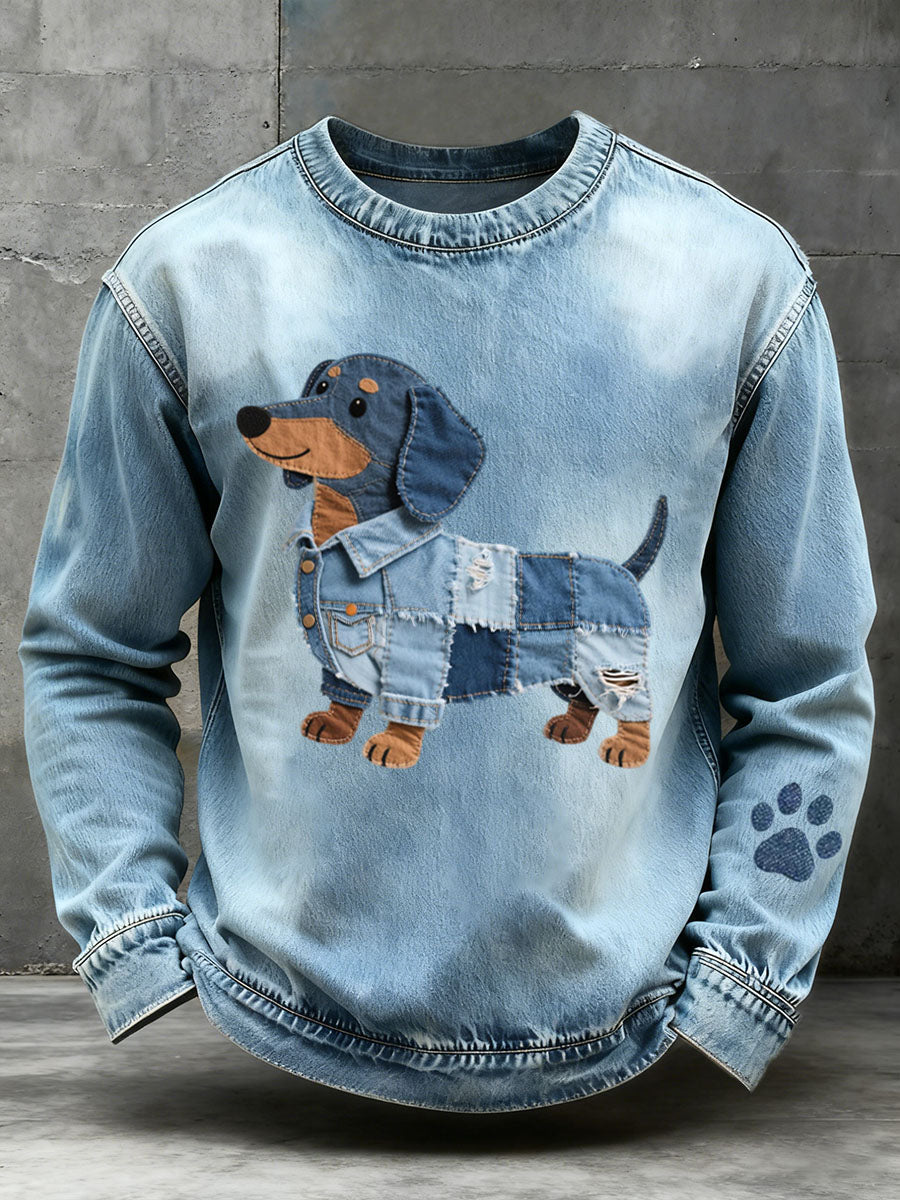 Herren Denim Patchwork Kunst Dackel Muster Sweatshirt