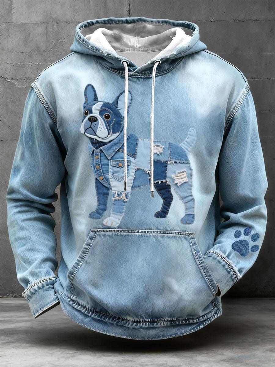 Herren Denim Patchwork Kunst Französische Bulldogge Muster Hoodie