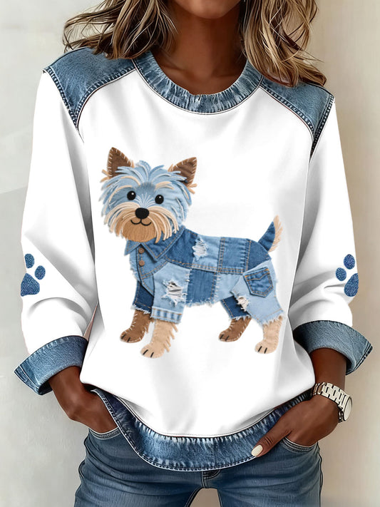 Damen schöne Yorkshire Terrier Hunde muster Denim Patchwork Sweatshirt