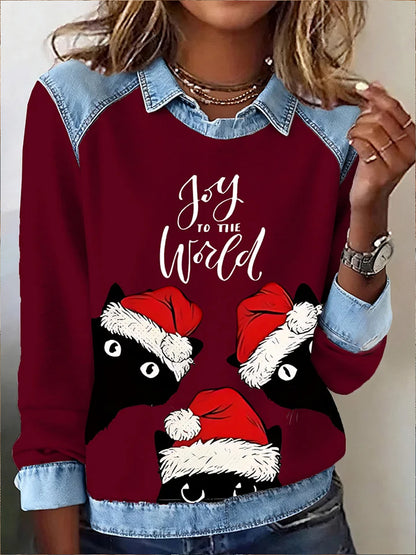 Frauen Weihnachten Lustige Niedliche Katzen Print Casual Top