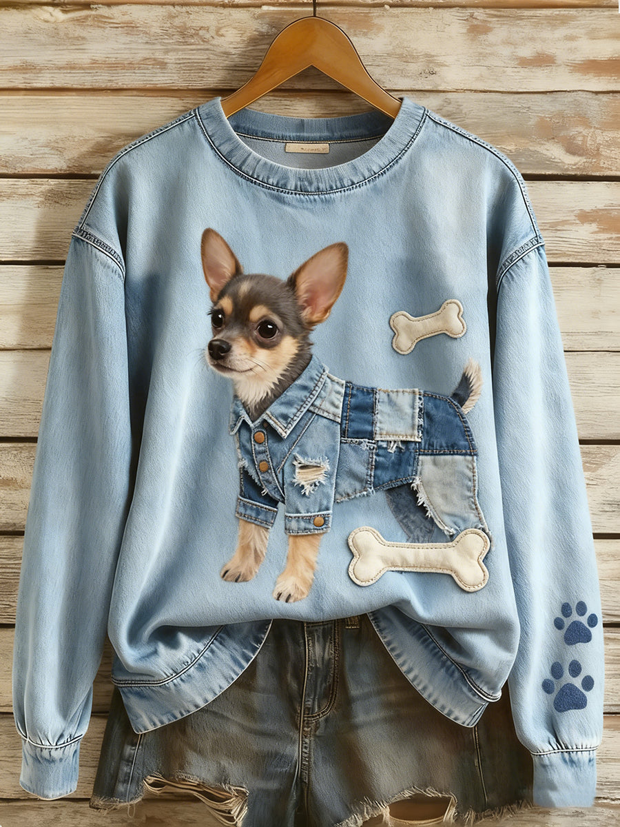 Damen Retro Denim Patchwork Tier Kunst Druck lässig Komfort Langarm Sweatshirt